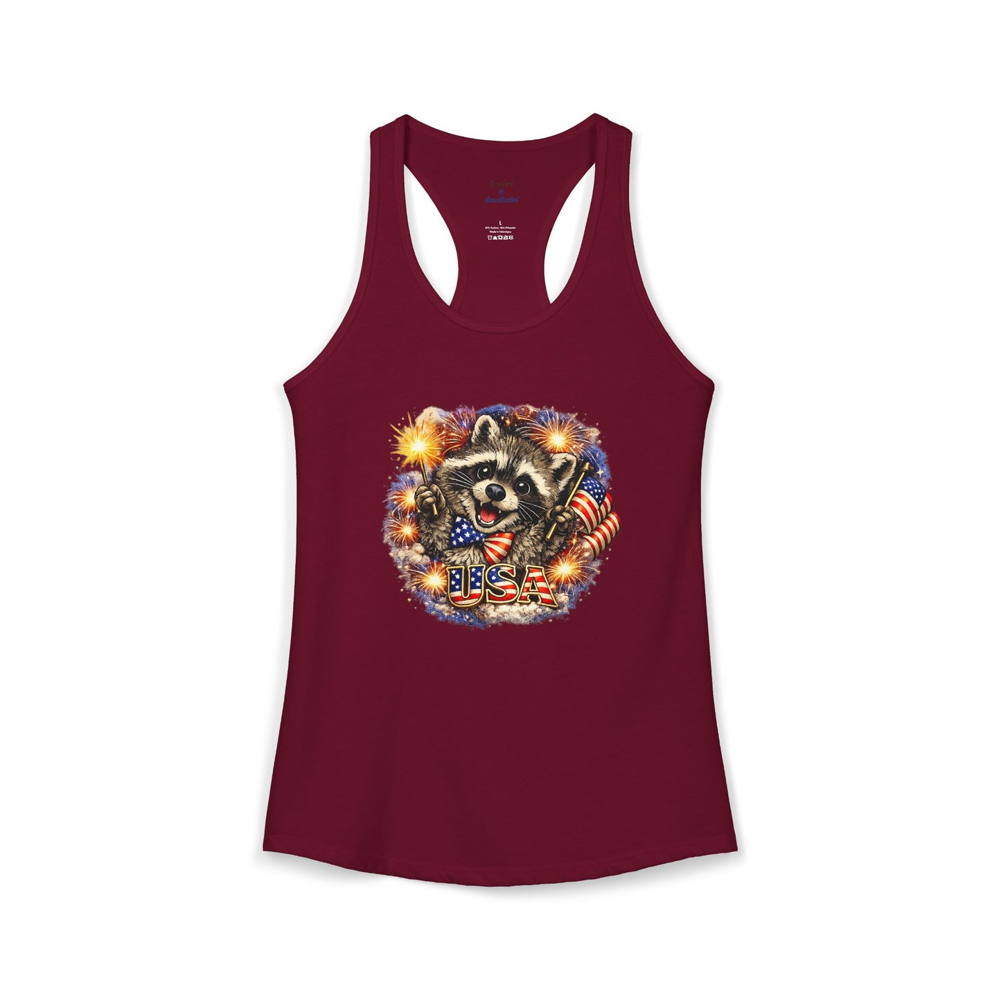 Patriotic Raccoon 4th of July Tank — Raccoon on 250 with Flag & Fireworks Racerback Tank