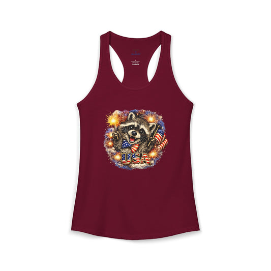 Patriotic Raccoon 4th of July Tank — Raccoon on 250 with Flag & Fireworks Racerback Tank