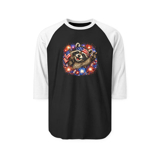 Patriotic Raccoon 250 Raglan Shirt — Fourth of July Fireworks Tee