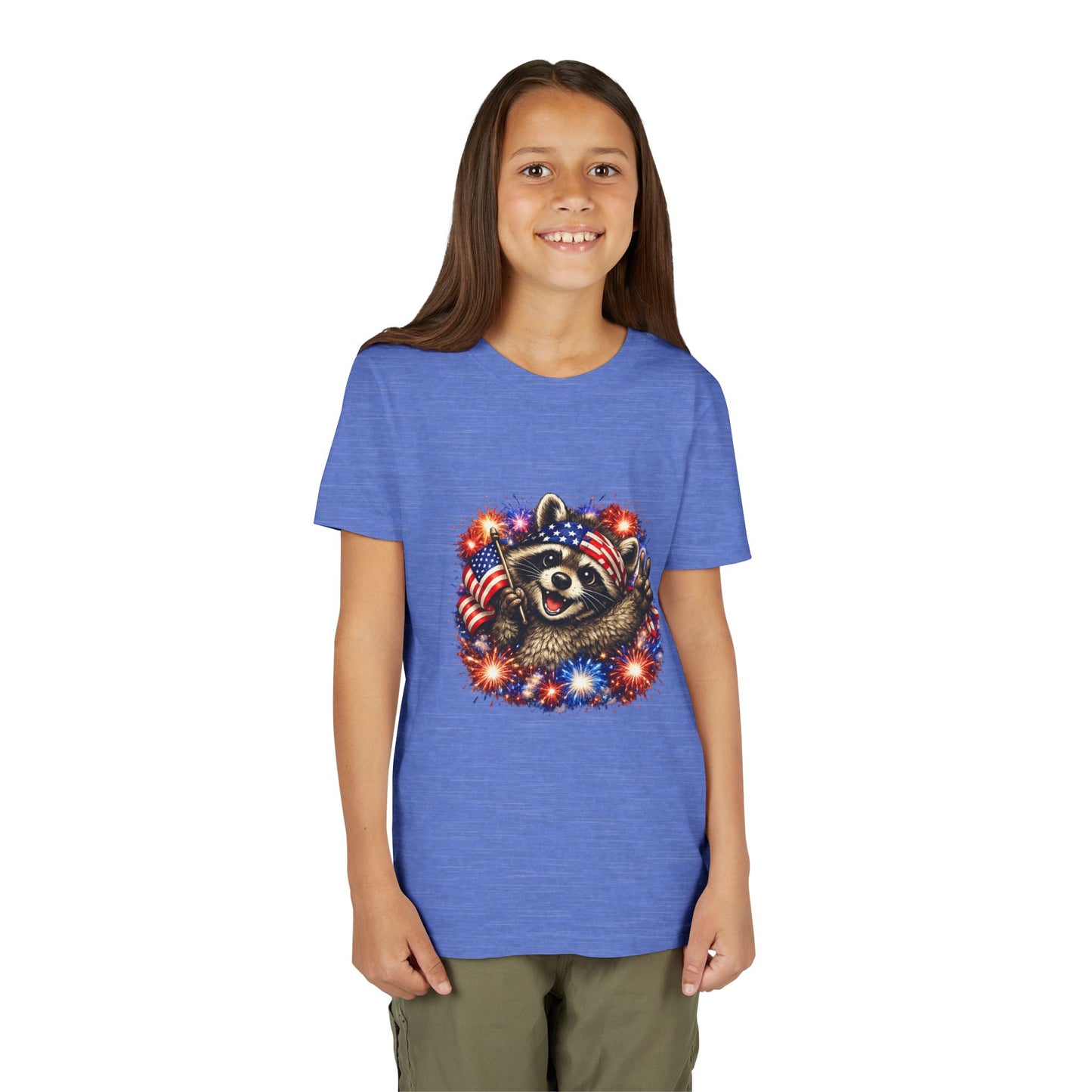 Patriotic Raccoon Youth Tee — Raccoon with American Flag & Fireworks