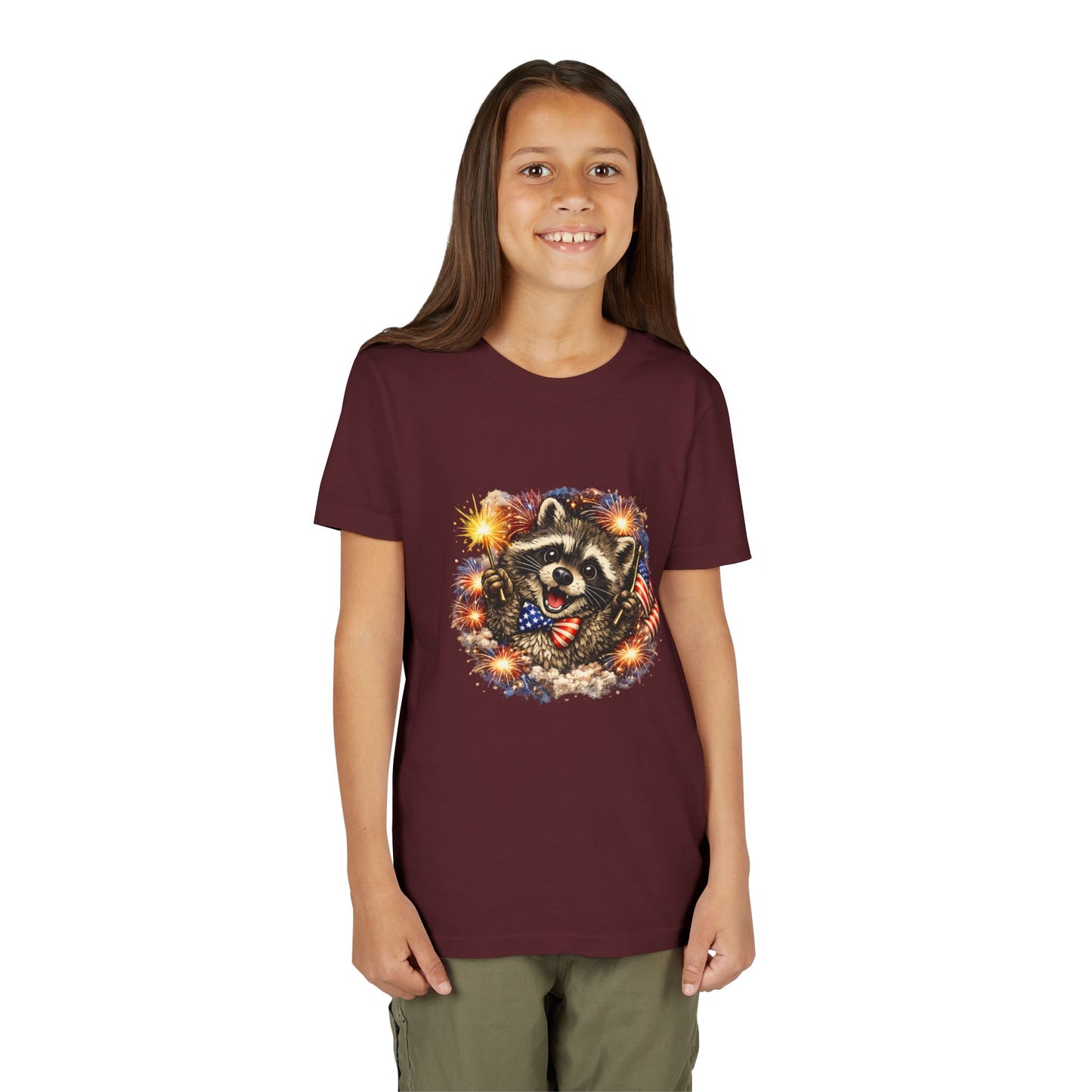 Patriotic Raccoon Youth Tee — Raccoon with American Flag & Fireworks