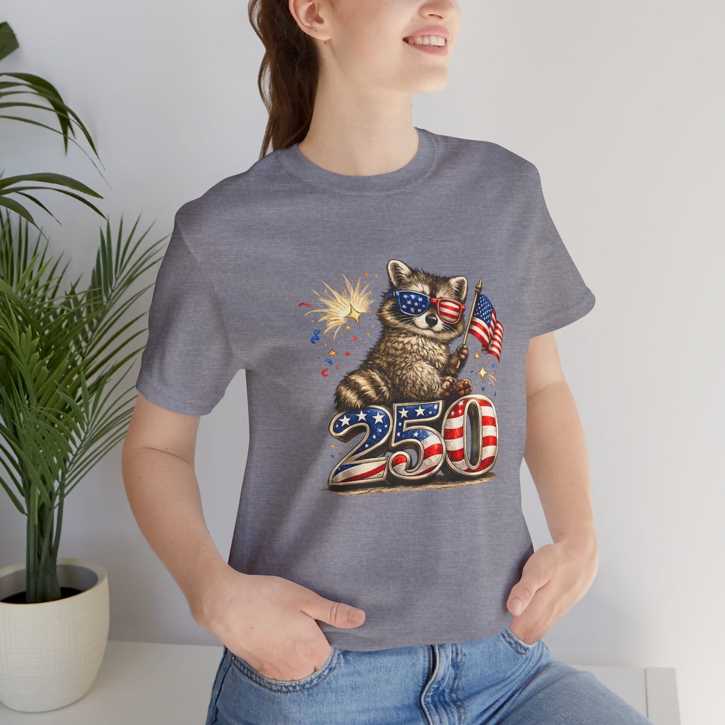 Patriot Raccoon 250th Anniversary T-Shirt — 4th of July Fireworks Flag Tee
