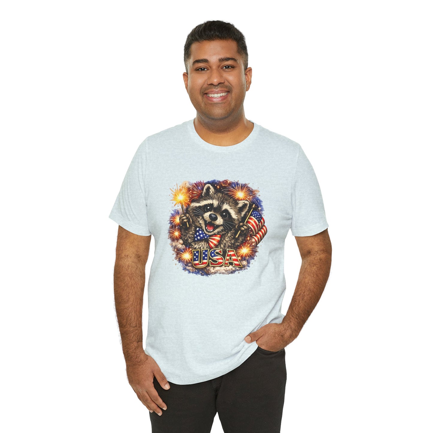 Patriot Raccoon 250th Anniversary T-Shirt — 4th of July Fireworks Flag Tee