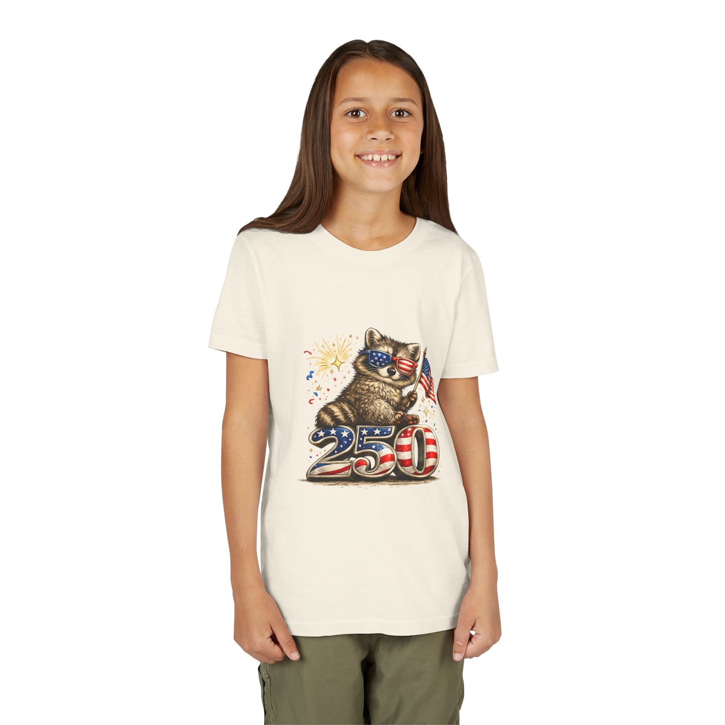 Patriotic Raccoon Youth Tee — Raccoon with American Flag & Fireworks