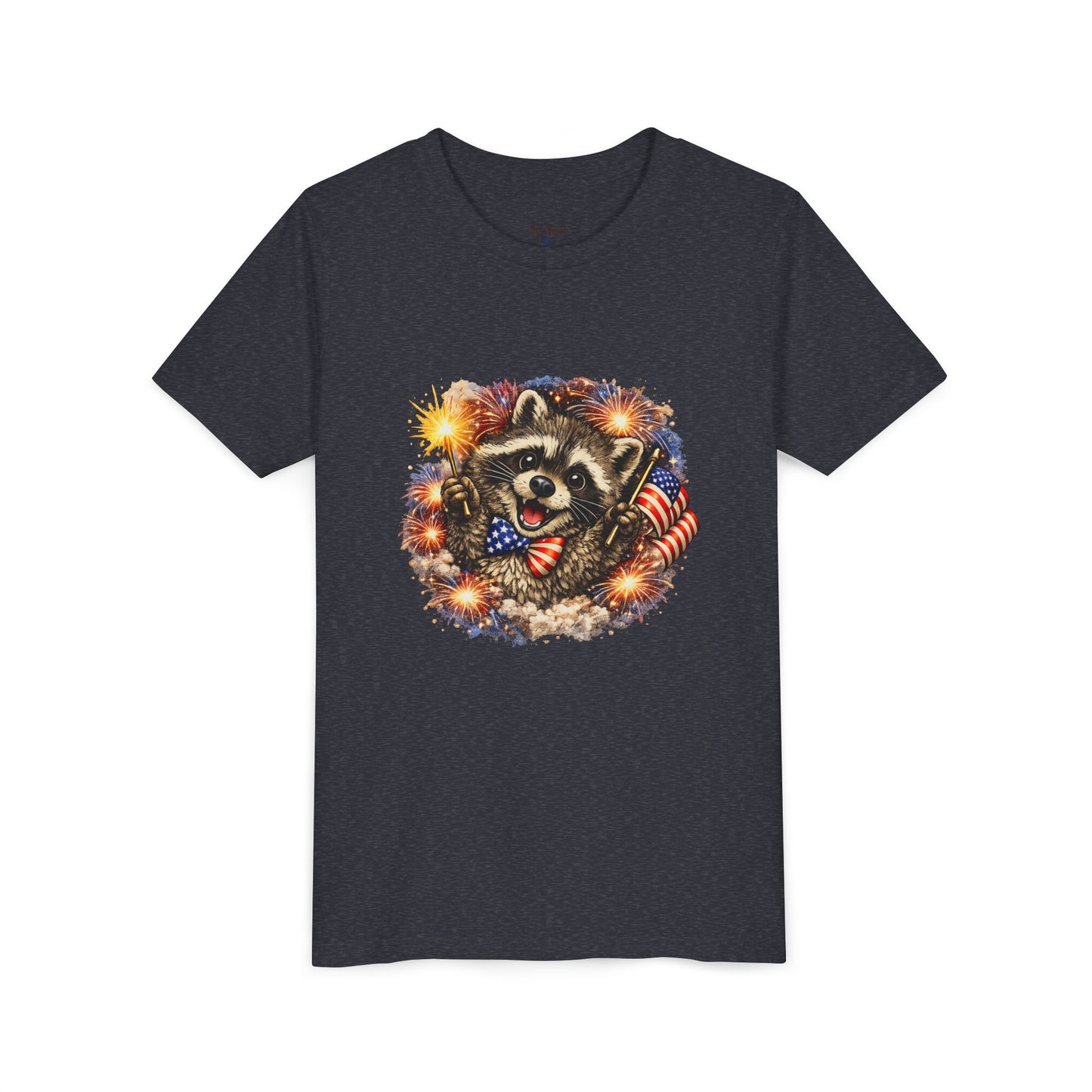 Patriotic Raccoon Youth Tee — Raccoon with American Flag & Fireworks
