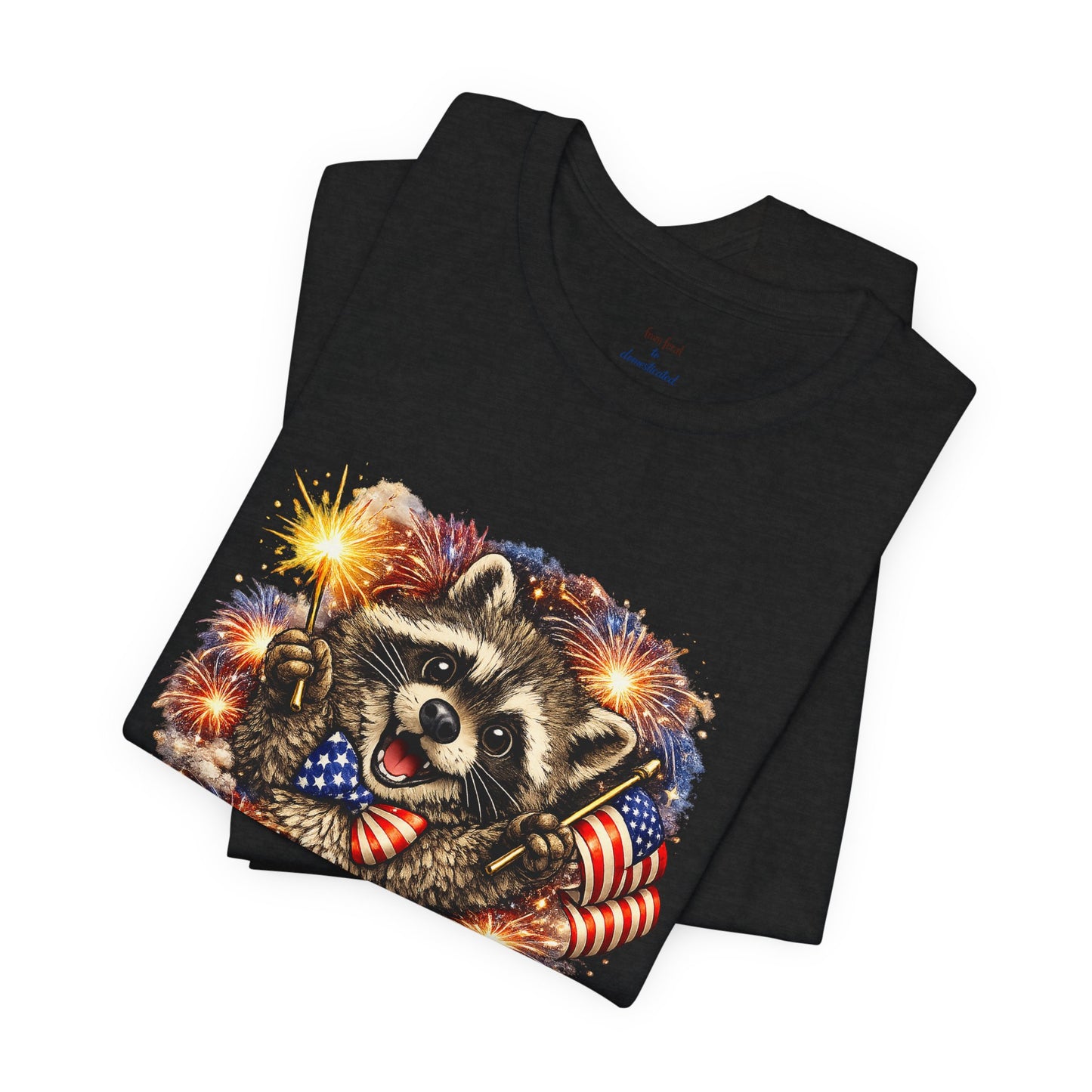 Patriot Raccoon 250th Anniversary T-Shirt — 4th of July Fireworks Flag Tee