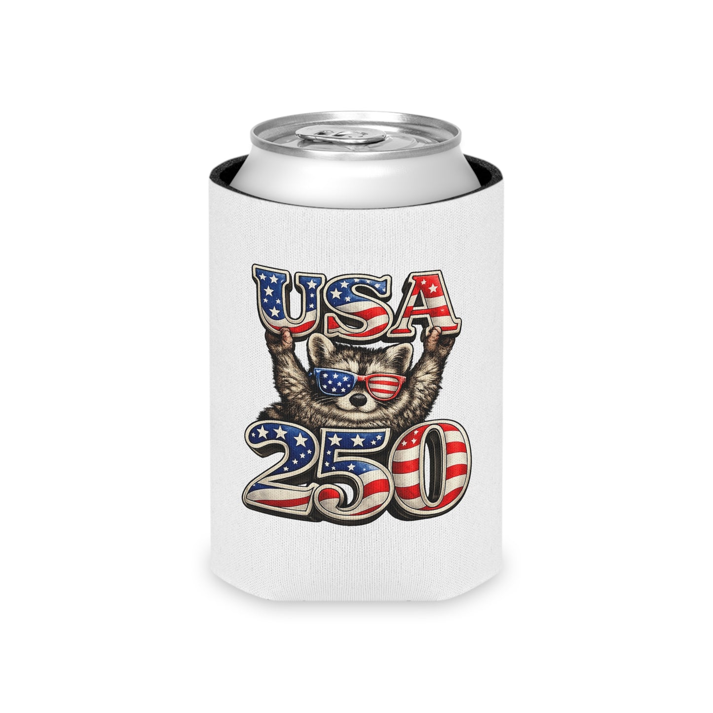 Patriotic Raccoon 250 Can Cooler – USA Flag, 4th of July Drink Koozie