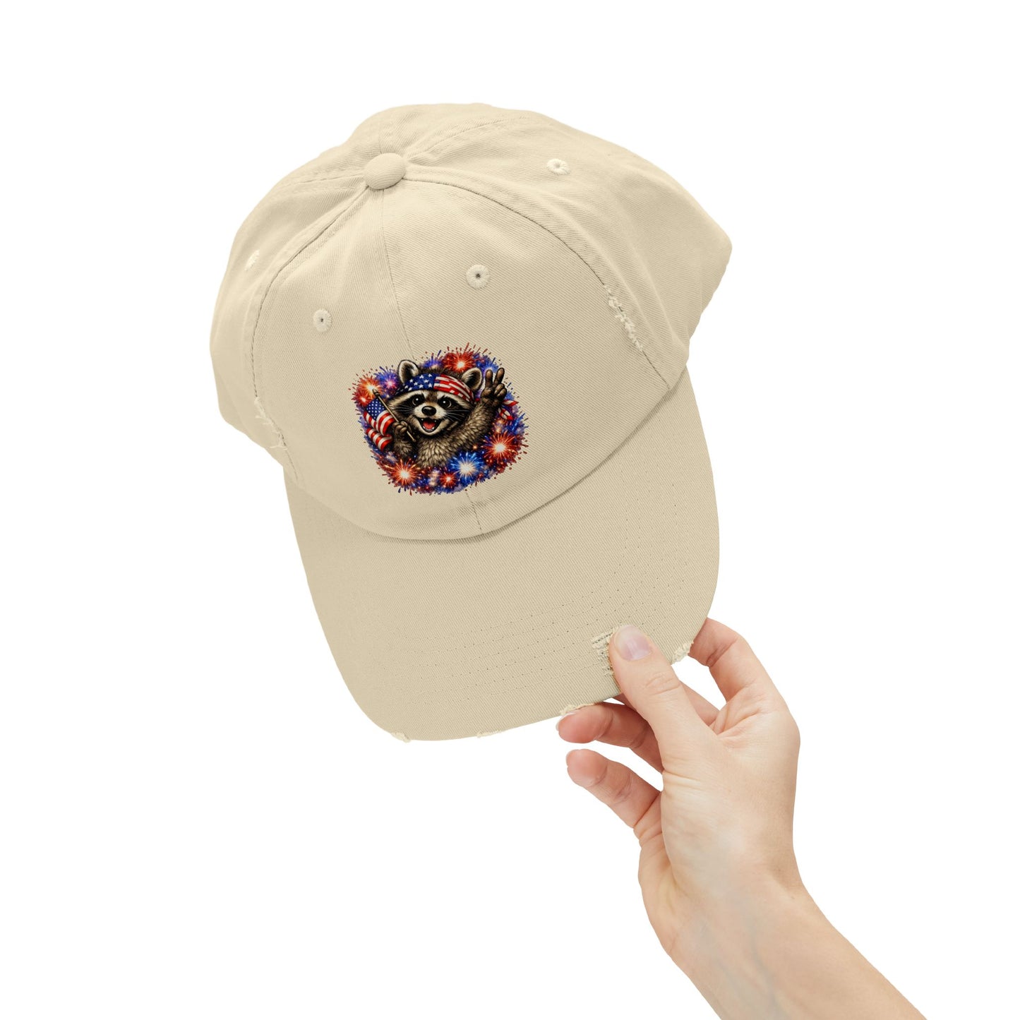 Patriotic Raccoon 250 Cap — Fireworks & Flag Distressed Baseball Hat