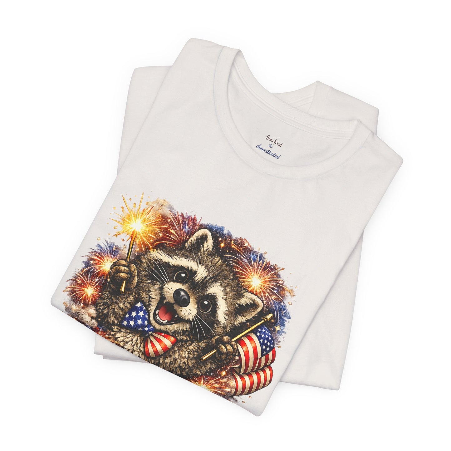 Patriot Raccoon 250th Anniversary T-Shirt — 4th of July Fireworks Flag Tee
