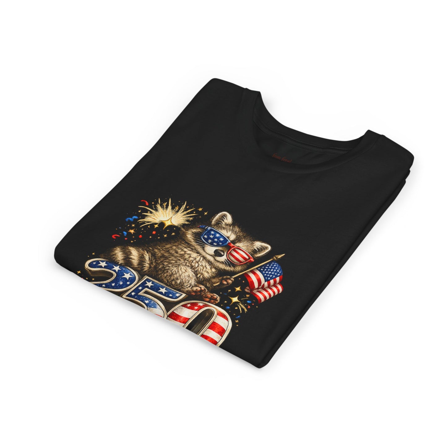 Patriotic Raccoon Youth Tee — Raccoon with American Flag & Fireworks