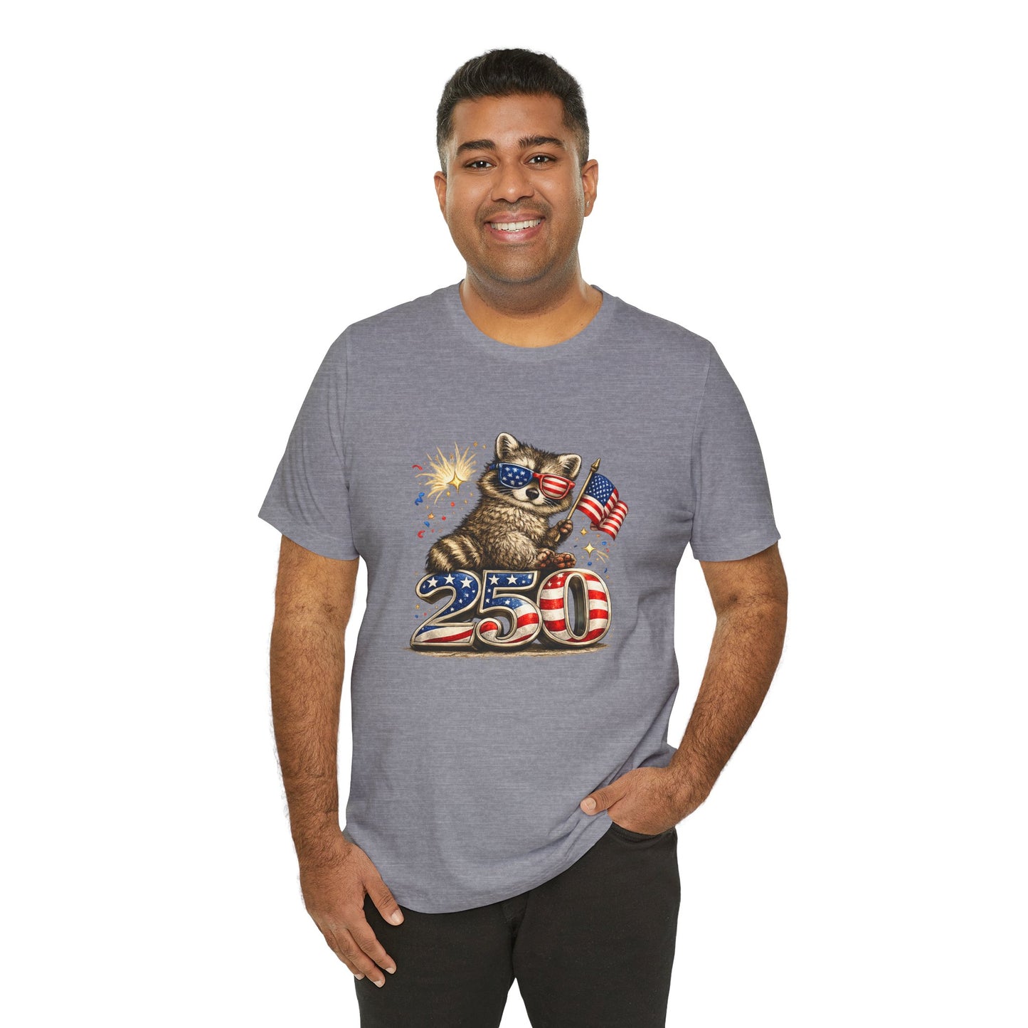 Patriot Raccoon 250th Anniversary T-Shirt — 4th of July Fireworks Flag Tee
