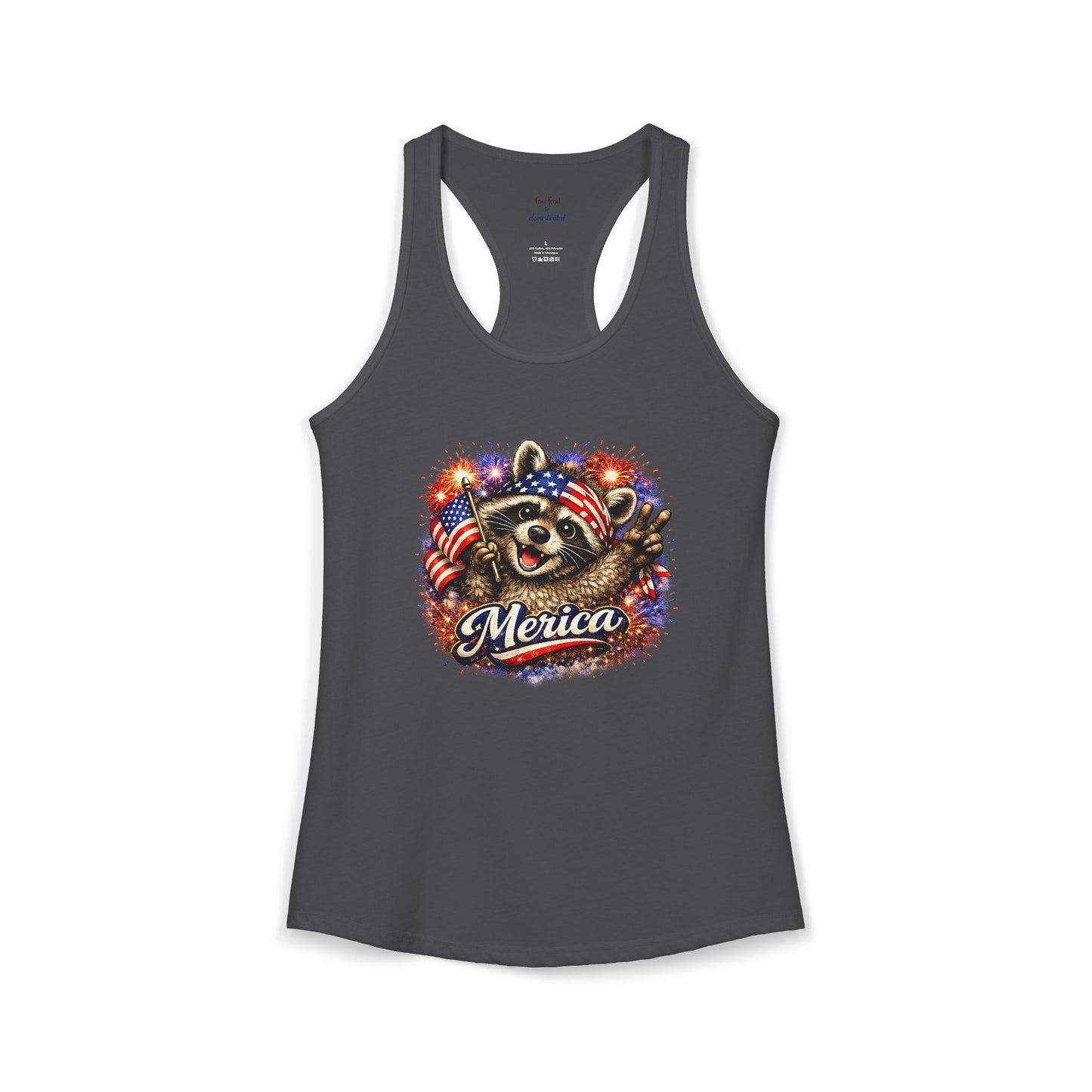 Patriotic Raccoon 4th of July Tank — Raccoon on 250 with Flag & Fireworks Racerback Tank