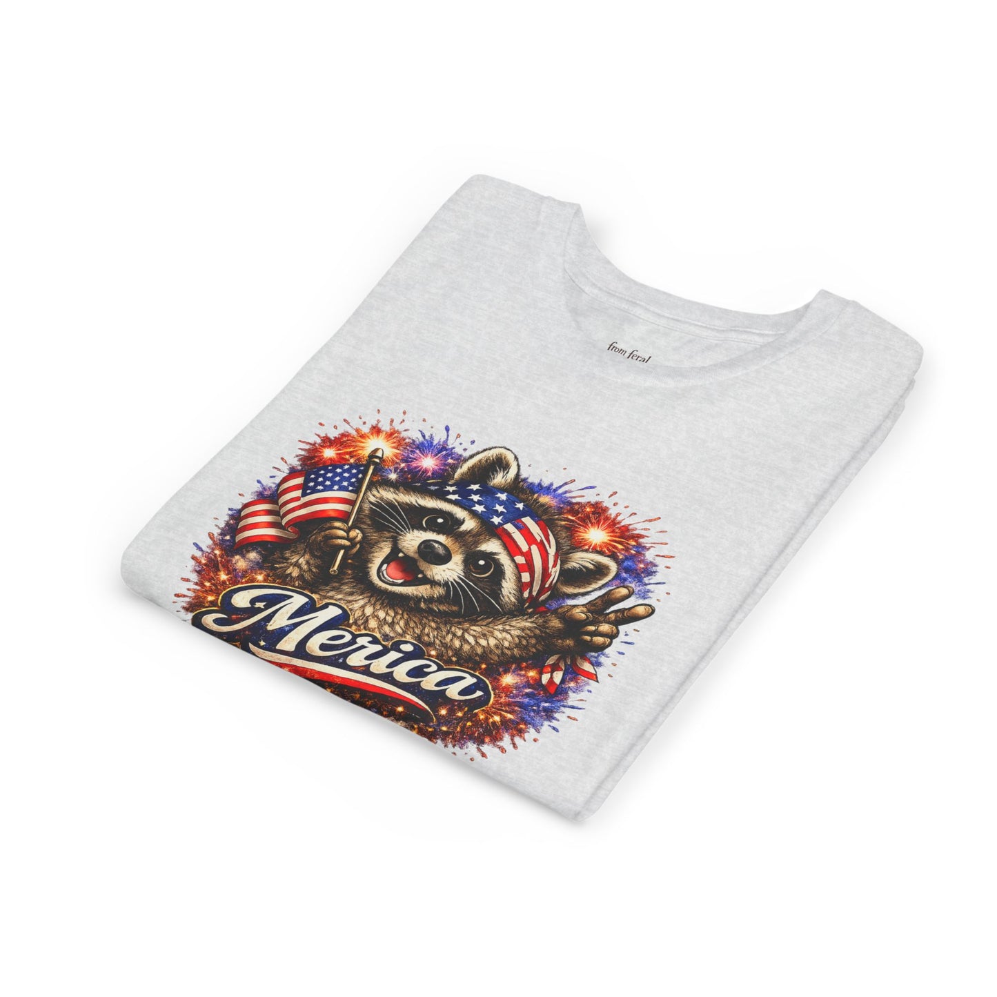 Patriotic Raccoon Youth Tee — Raccoon with American Flag & Fireworks