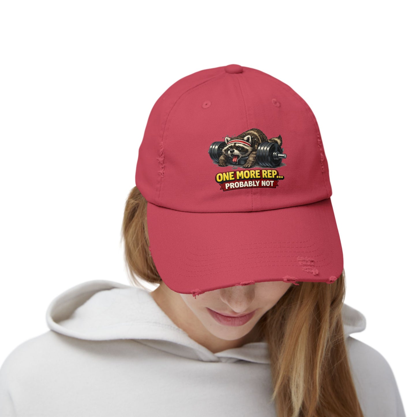One More Rep Distressed Cap — Raccoon Mom/Dad Funny Dad Hat