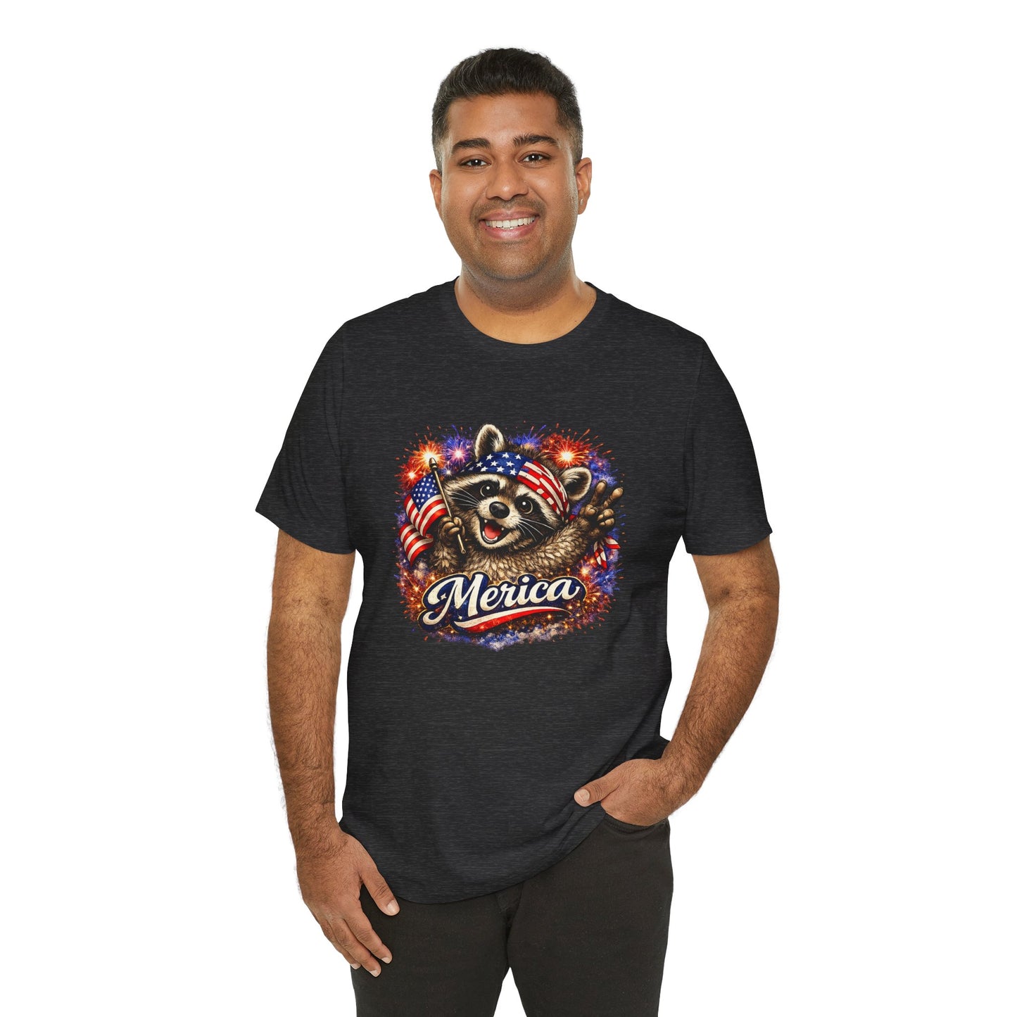 Patriot Raccoon 250th Anniversary T-Shirt — 4th of July Fireworks Flag Tee
