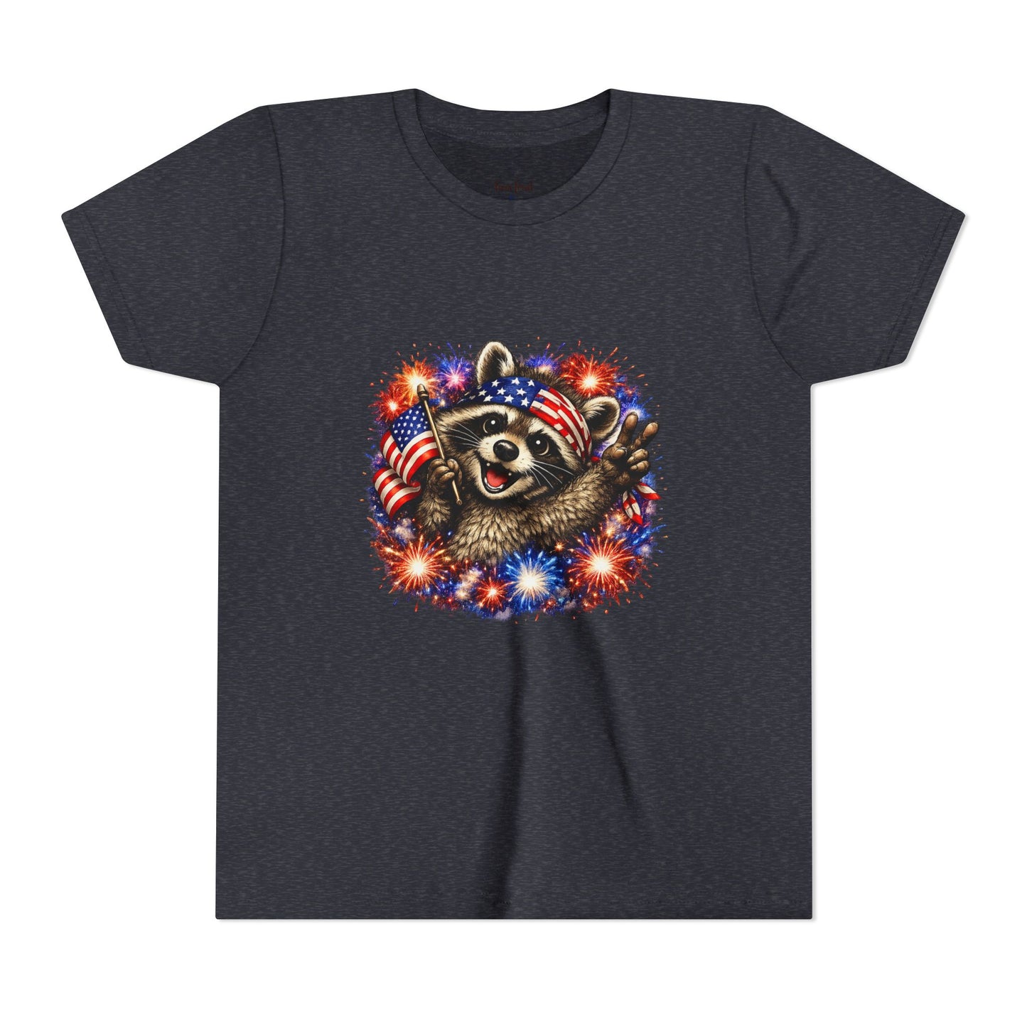 Patriotic Raccoon Youth Tee — Raccoon with American Flag & Fireworks