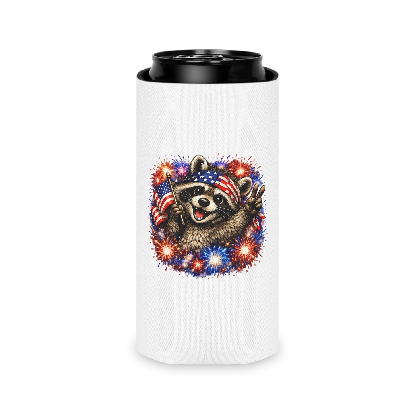 Patriotic Raccoon 250 Can Cooler – USA Flag, 4th of July Drink Koozie