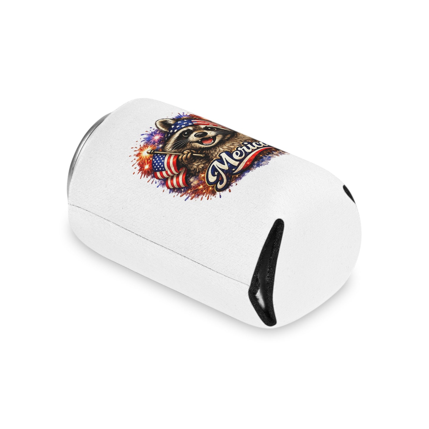 Patriotic Raccoon 250 Can Cooler – USA Flag, 4th of July Drink Koozie
