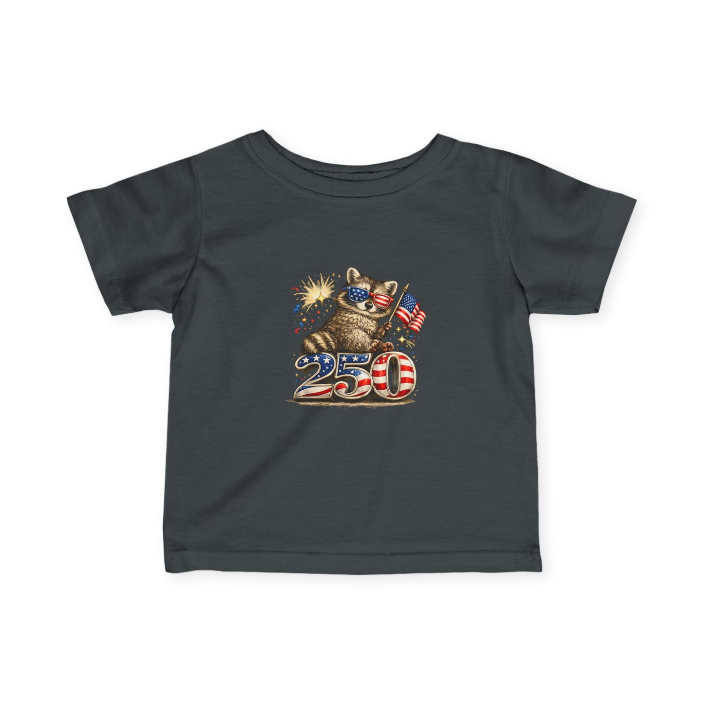 Infant Tee — Adorable Raccoon Holding American Flag "250" — 4th of July Baby Shirt