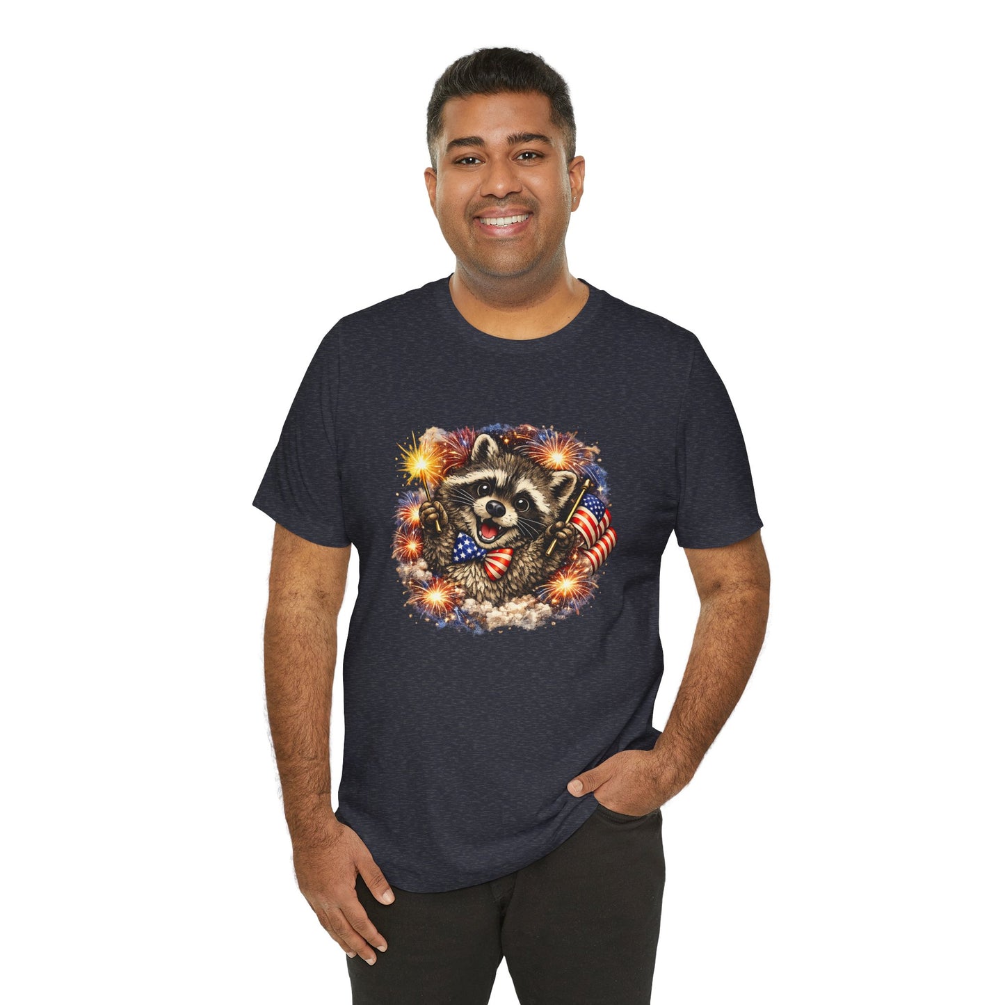 Patriot Raccoon 250th Anniversary T-Shirt — 4th of July Fireworks Flag Tee