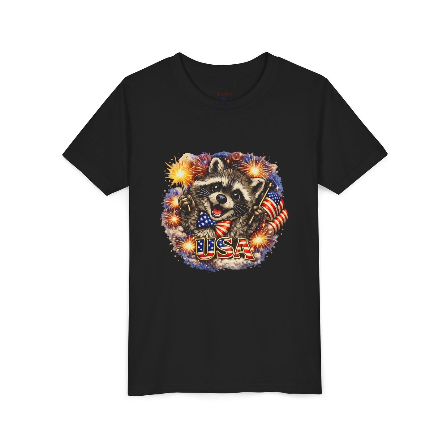 Patriotic Raccoon Youth Tee — Raccoon with American Flag & Fireworks