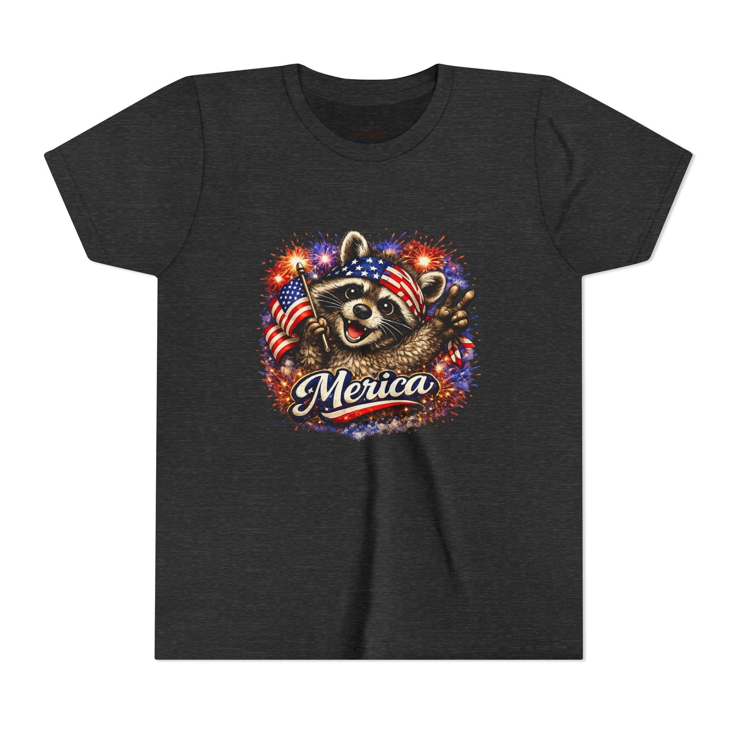 Patriotic Raccoon Youth Tee — Raccoon with American Flag & Fireworks