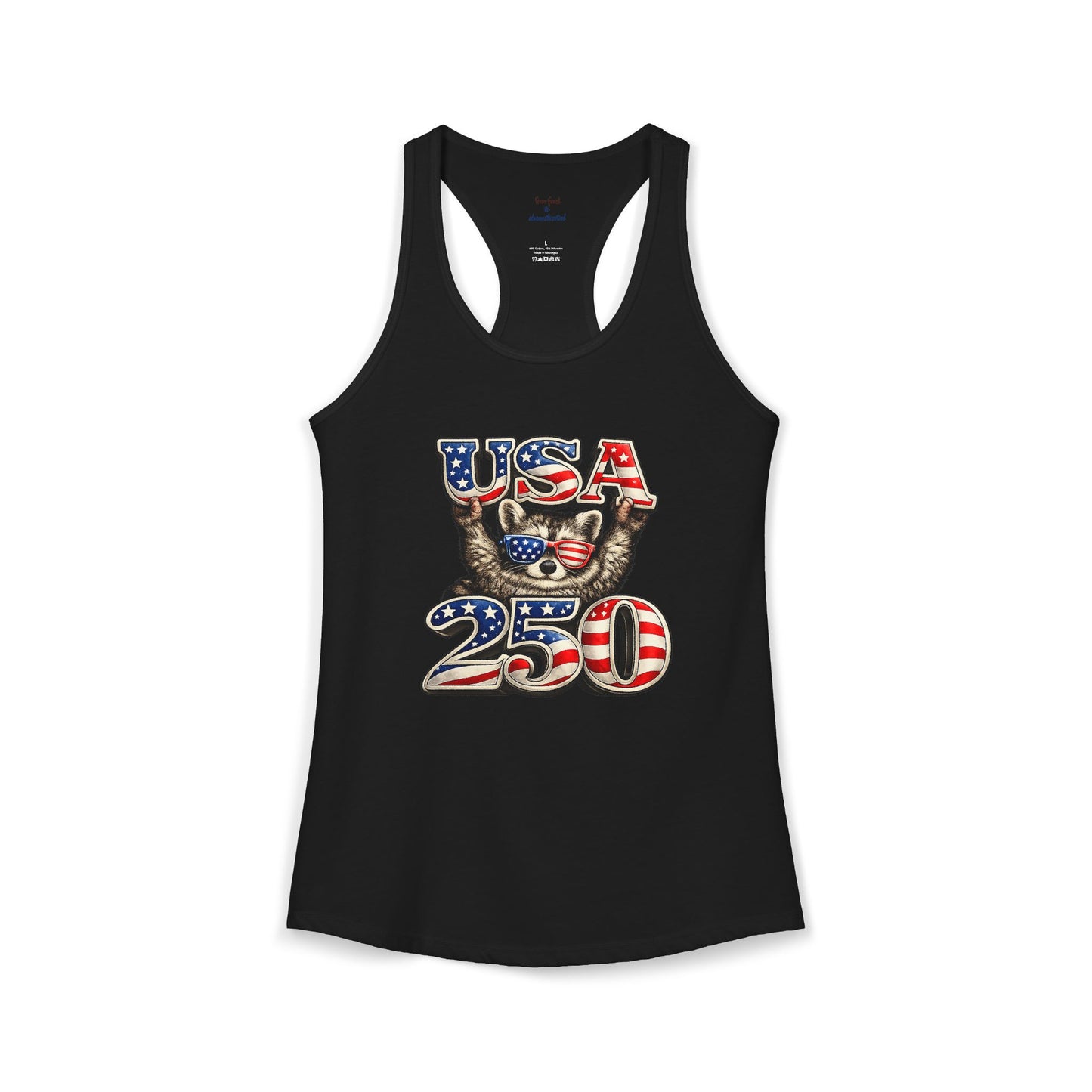 Patriotic Raccoon 4th of July Tank — Raccoon on 250 with Flag & Fireworks Racerback Tank