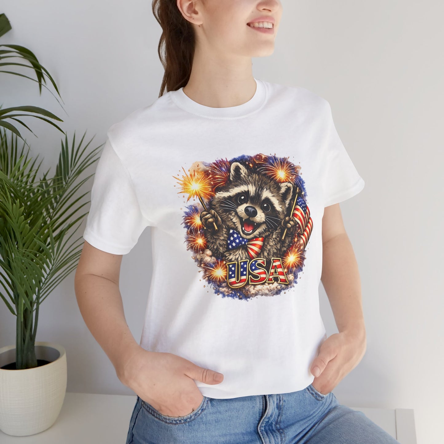 Patriot Raccoon 250th Anniversary T-Shirt — 4th of July Fireworks Flag Tee