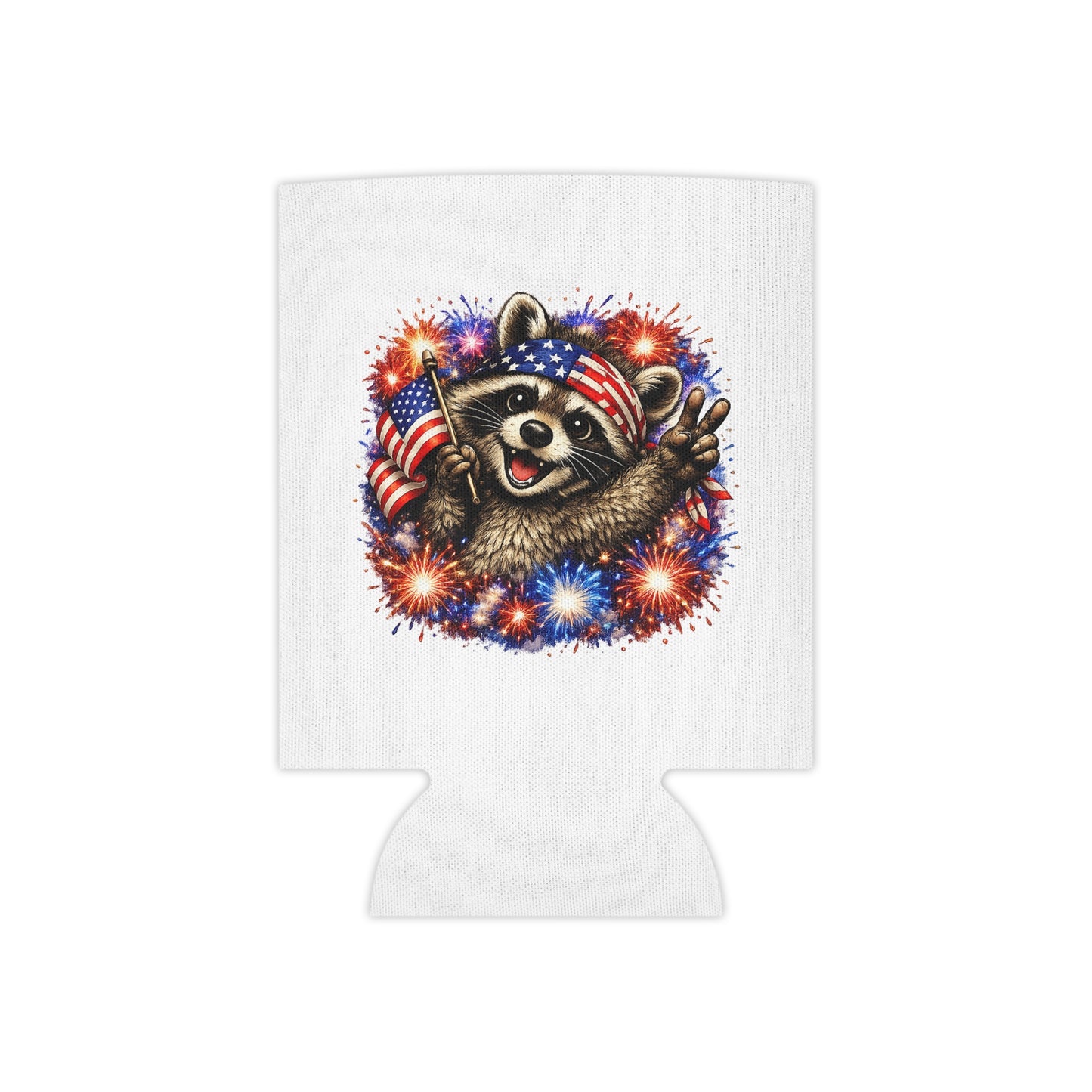 Patriotic Raccoon 250 Can Cooler – USA Flag, 4th of July Drink Koozie