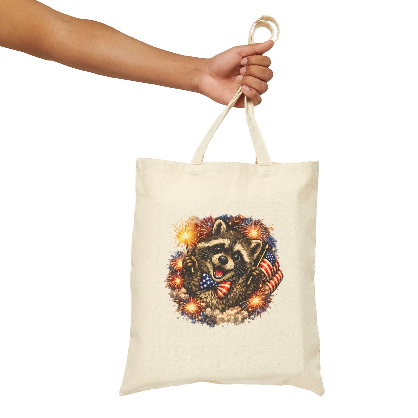Patriotic Raccoon Fireworks Tote Bag — '250' Canvas Tote for Fourth of July
