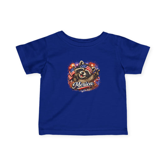 Infant Tee — Adorable Raccoon Holding American Flag "250" — 4th of July Baby Shirt
