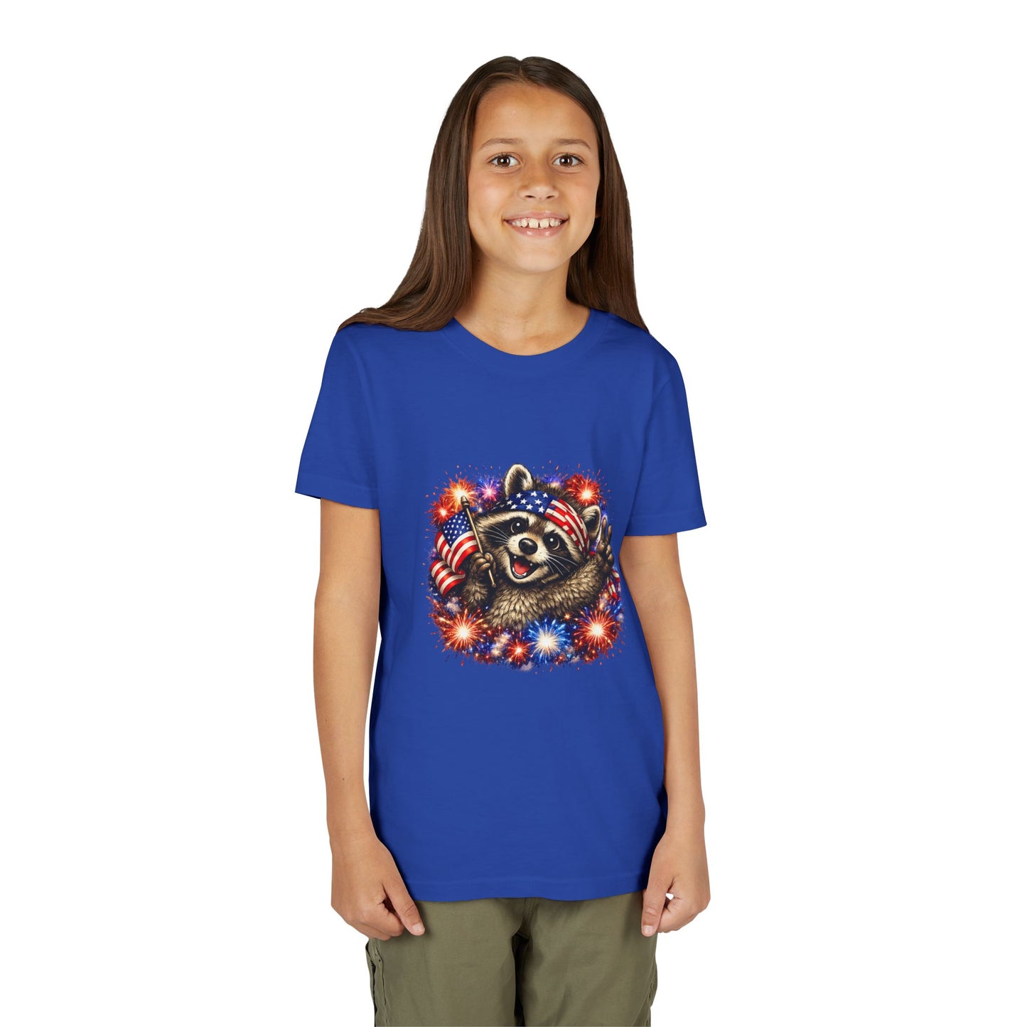 Patriotic Raccoon Youth Tee — Raccoon with American Flag & Fireworks