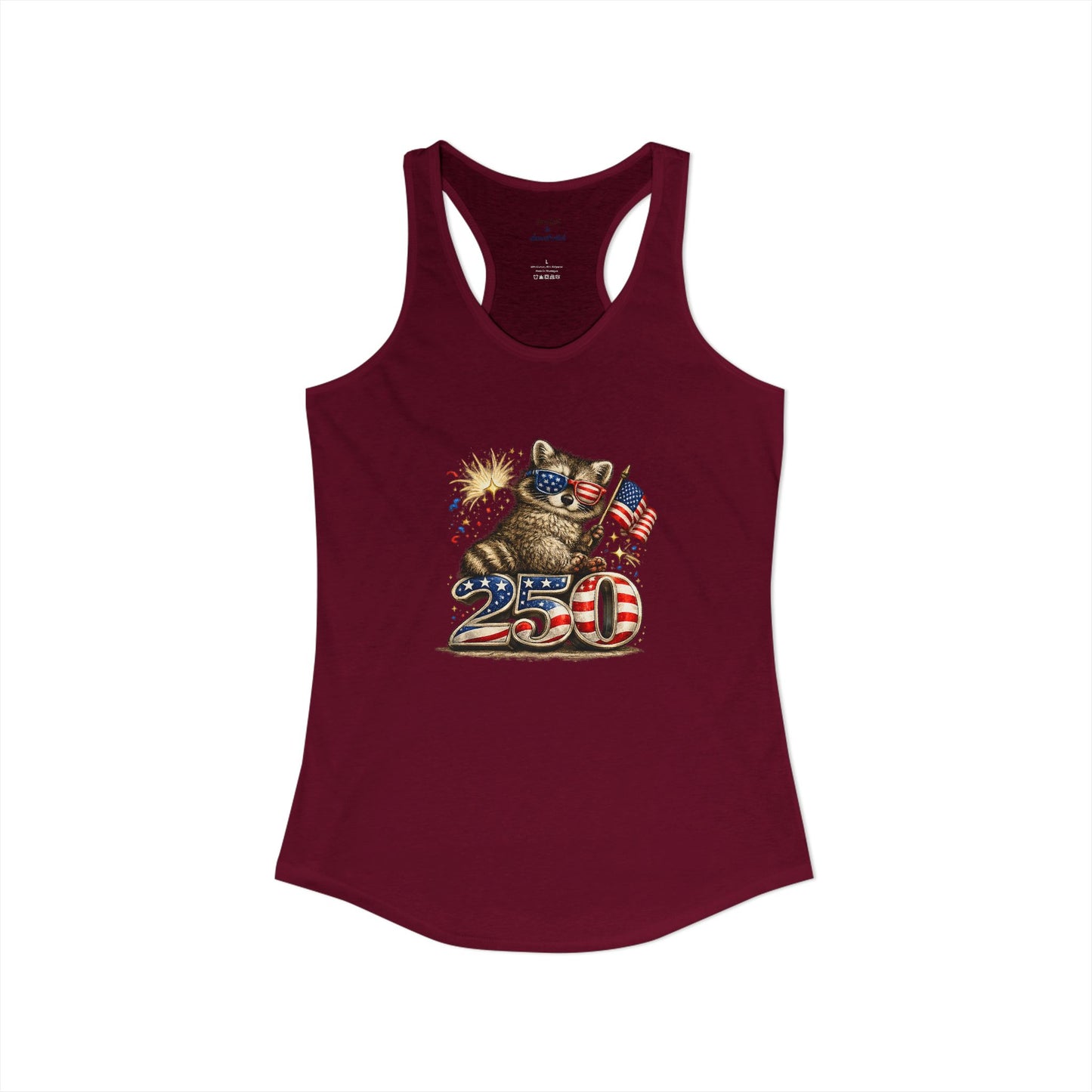 Patriotic Raccoon 4th of July Tank — Raccoon on 250 with Flag & Fireworks Racerback Tank