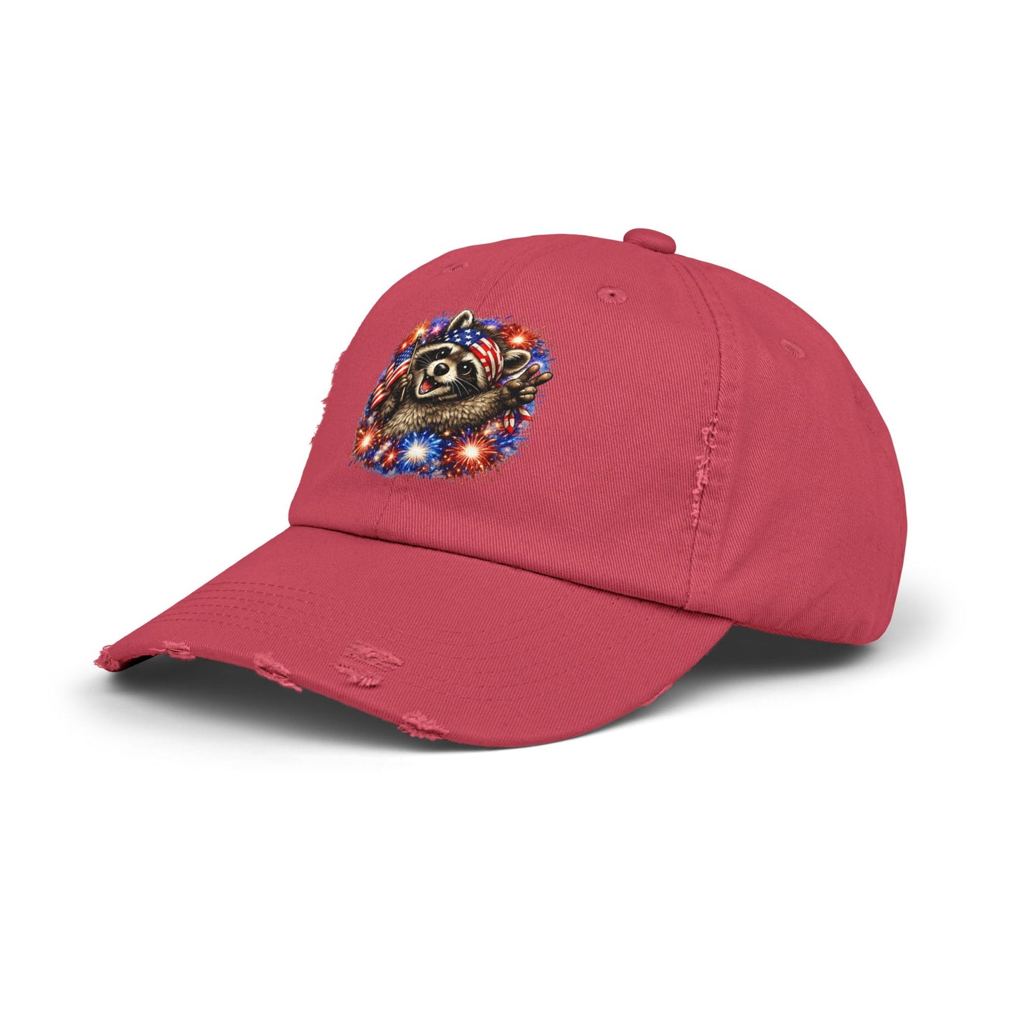 Patriotic Raccoon 250 Cap — Fireworks & Flag Distressed Baseball Hat