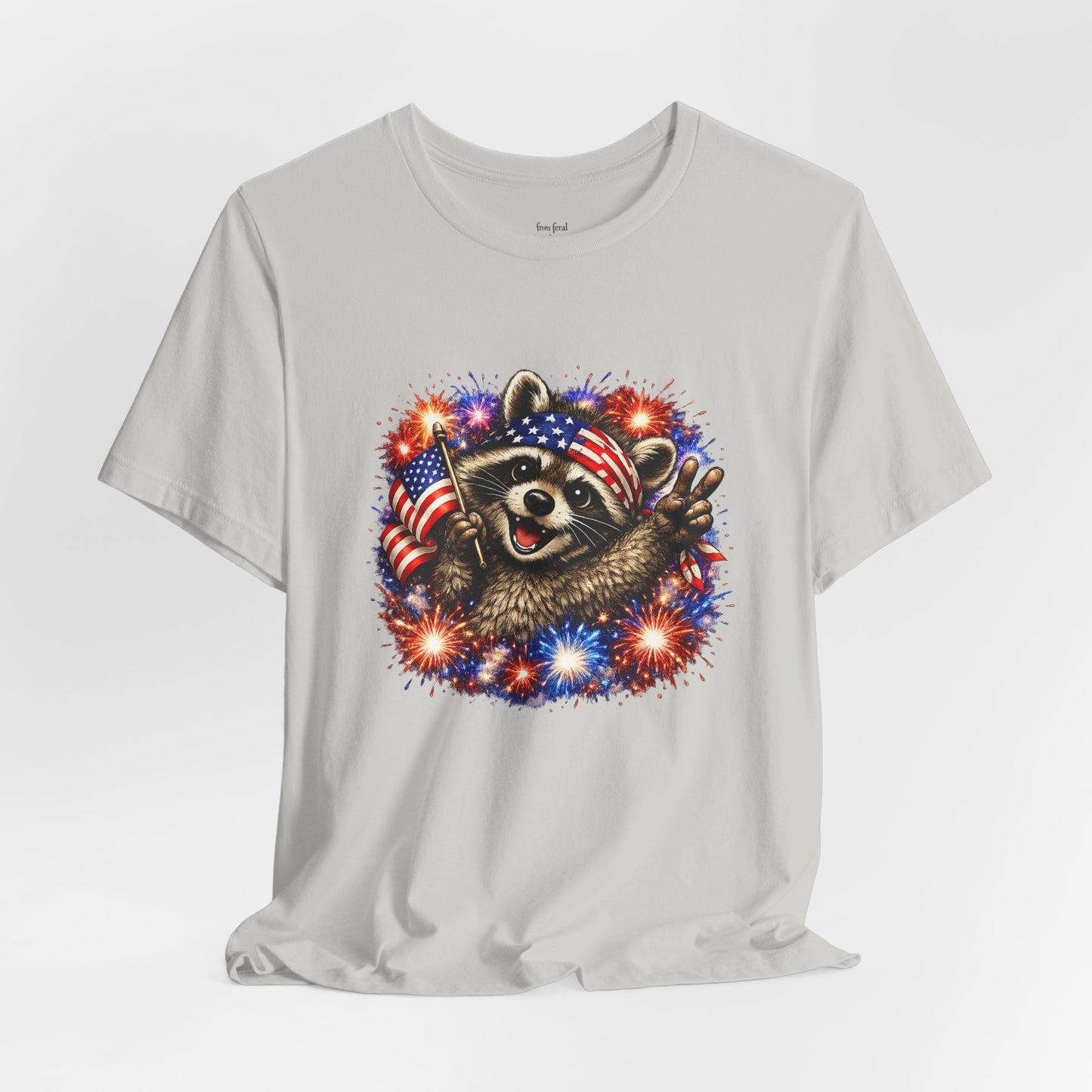 Patriot Raccoon 250th Anniversary T-Shirt — 4th of July Fireworks Flag Tee