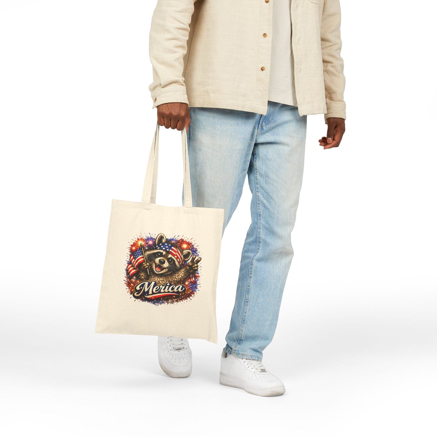 Patriotic Raccoon Fireworks Tote Bag — '250' Canvas Tote for Fourth of July