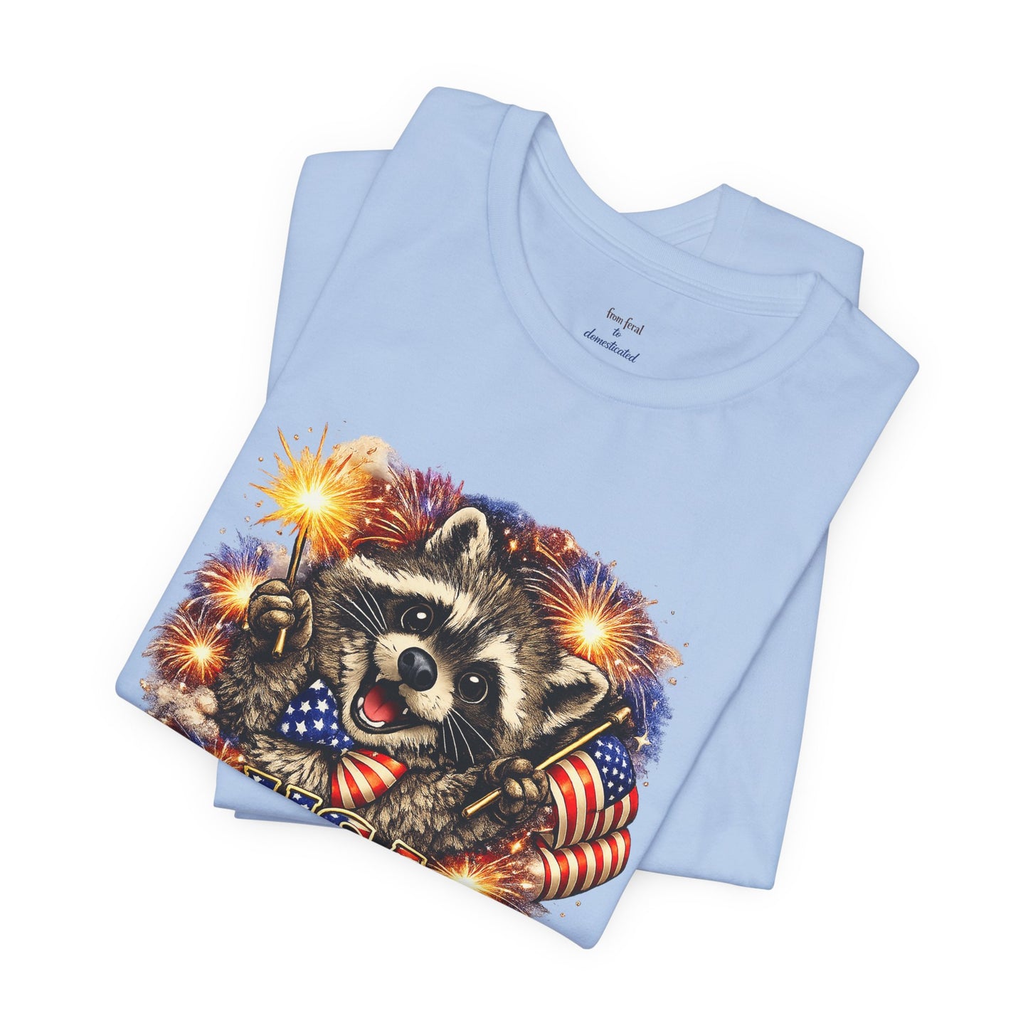 Patriot Raccoon 250th Anniversary T-Shirt — 4th of July Fireworks Flag Tee