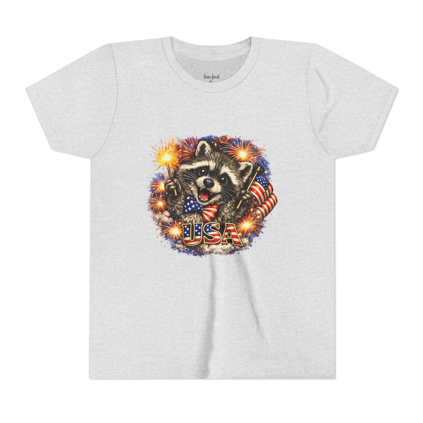 Patriotic Raccoon Youth Tee — Raccoon with American Flag & Fireworks
