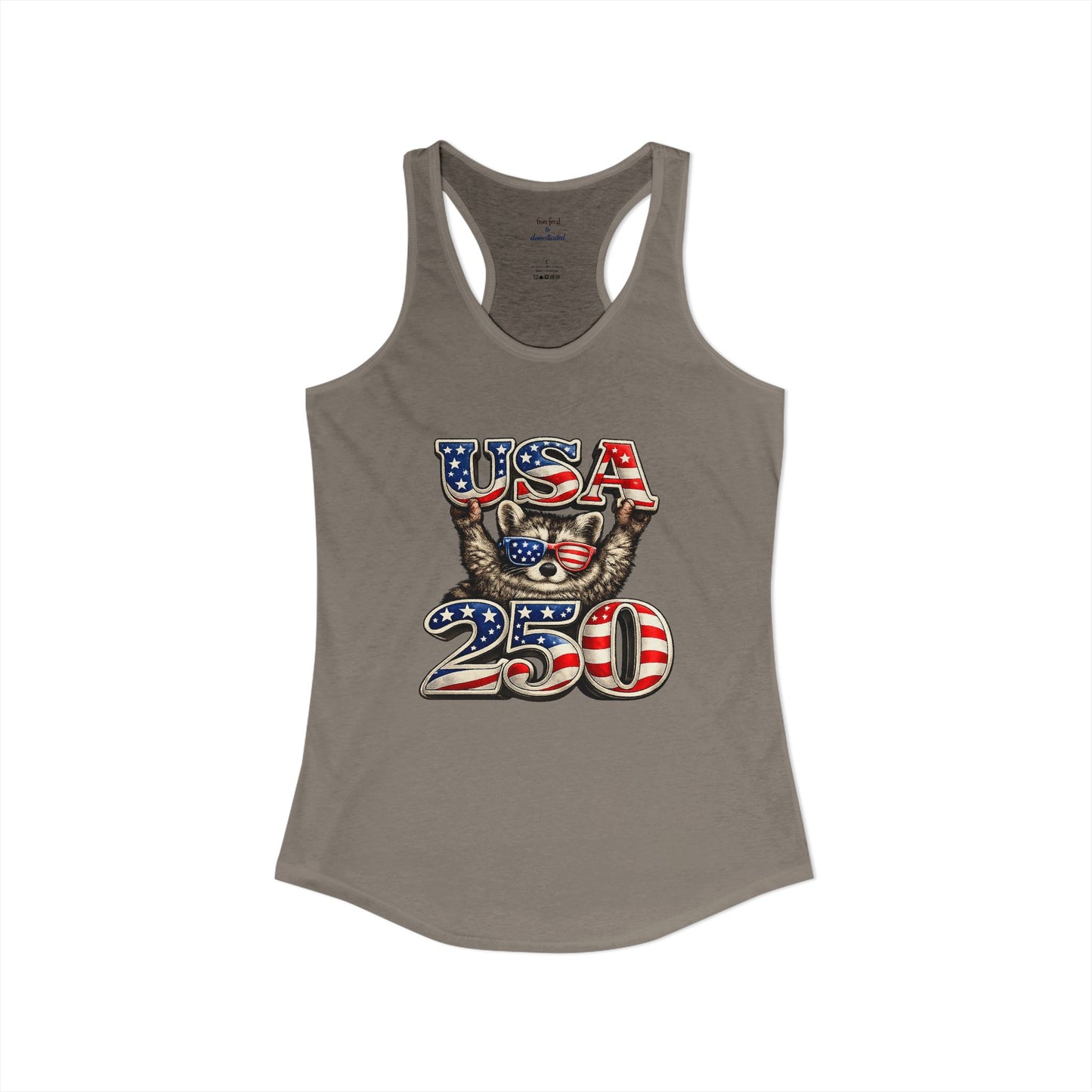 Patriotic Raccoon 4th of July Tank — Raccoon on 250 with Flag & Fireworks Racerback Tank