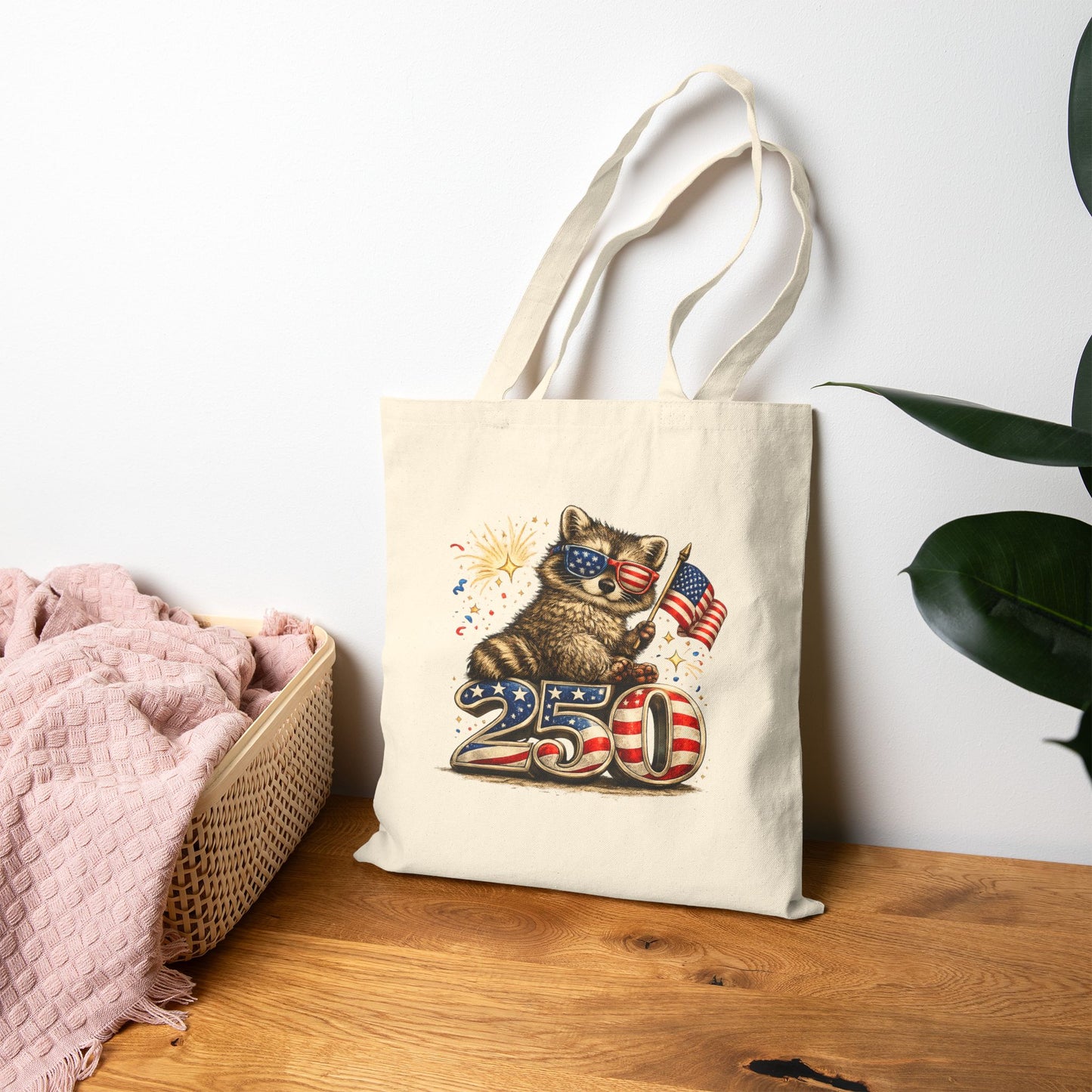 Patriotic Raccoon Fireworks Tote Bag — '250' Canvas Tote for Fourth of July