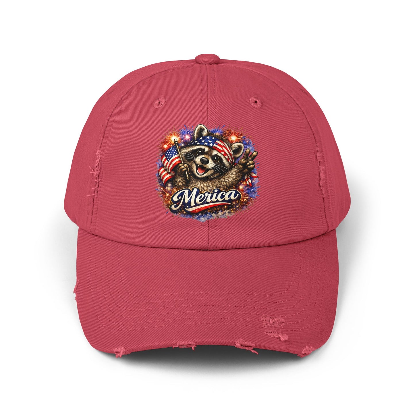 Patriotic Raccoon 250 Cap — Fireworks & Flag Distressed Baseball Hat