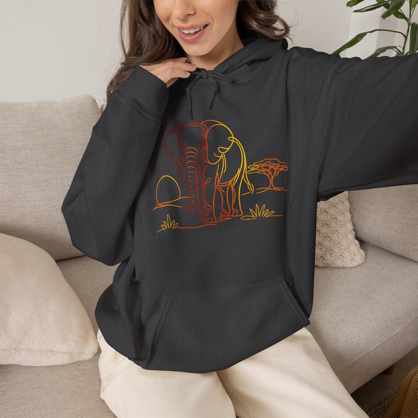 Elephant Sunset Hoodie — Minimal Safari Graphic Hooded Sweatshirt
