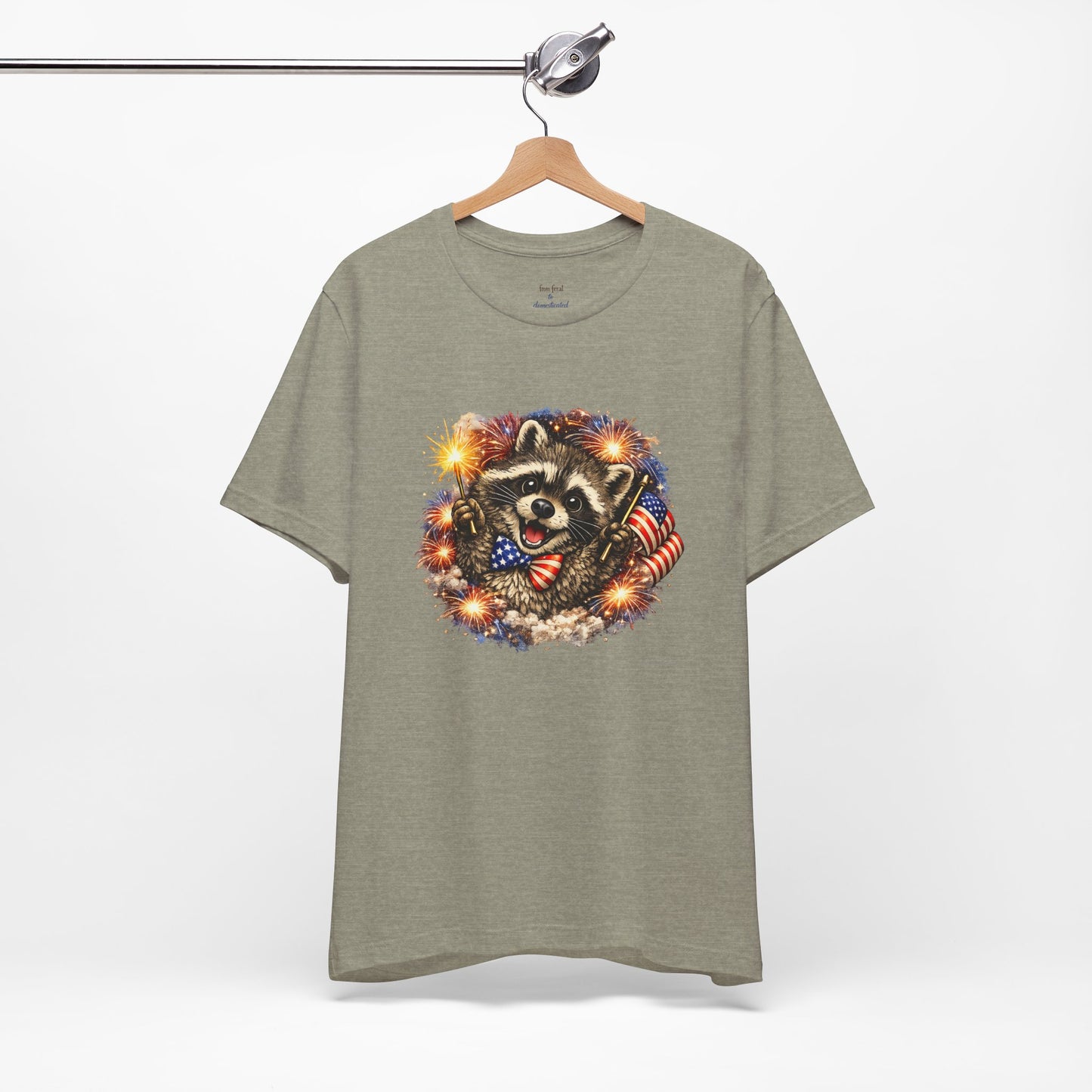 Patriot Raccoon 250th Anniversary T-Shirt — 4th of July Fireworks Flag Tee
