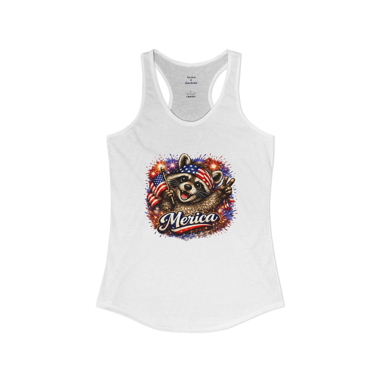 Patriotic Raccoon 4th of July Tank — Raccoon on 250 with Flag & Fireworks Racerback Tank