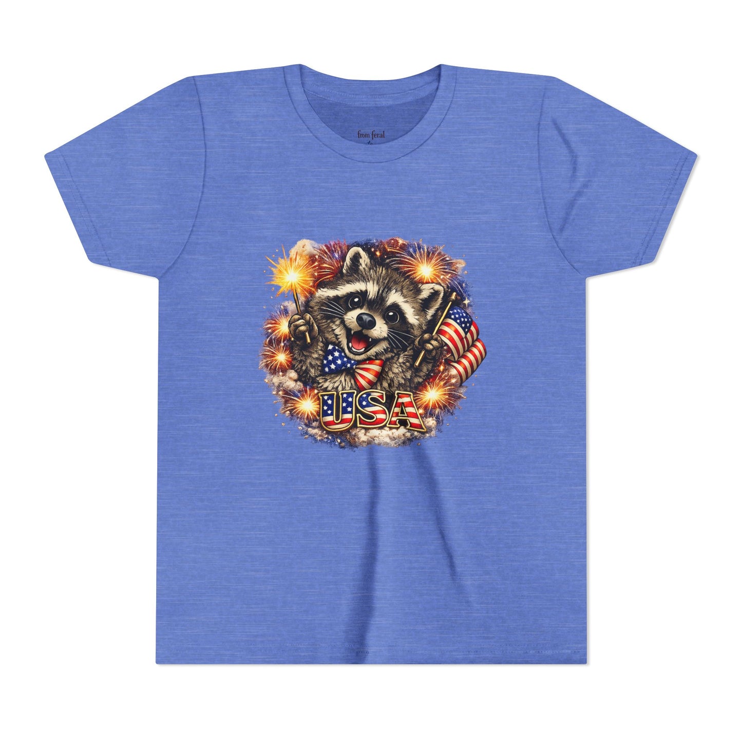 Patriotic Raccoon Youth Tee — Raccoon with American Flag & Fireworks
