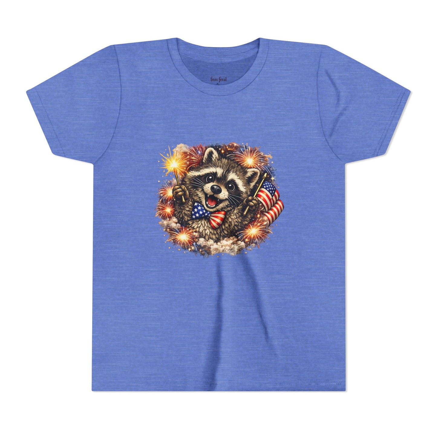 Patriotic Raccoon Youth Tee — Raccoon with American Flag & Fireworks