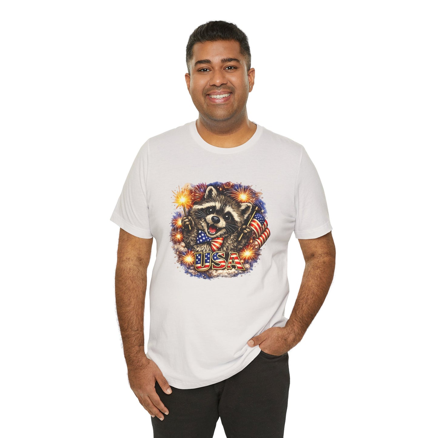 Patriot Raccoon 250th Anniversary T-Shirt — 4th of July Fireworks Flag Tee