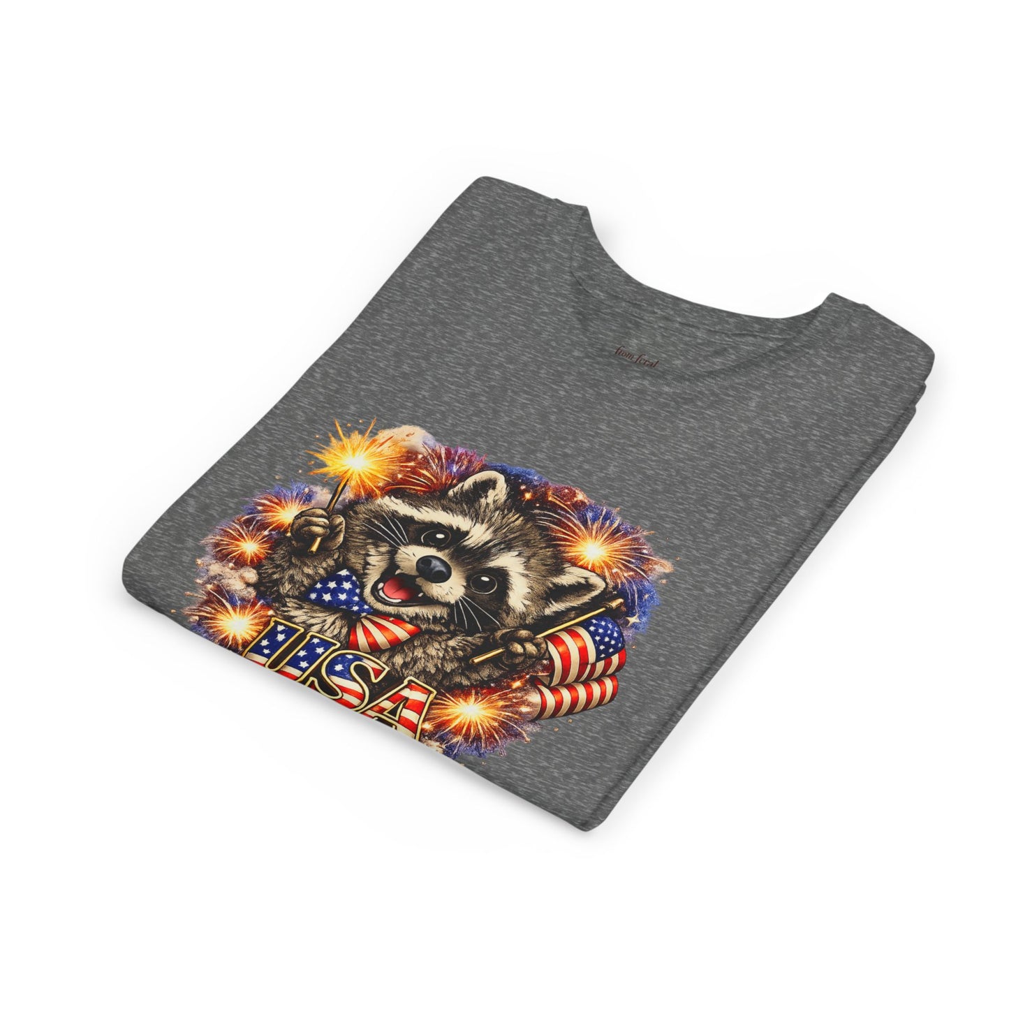 Patriotic Raccoon Youth Tee — Raccoon with American Flag & Fireworks