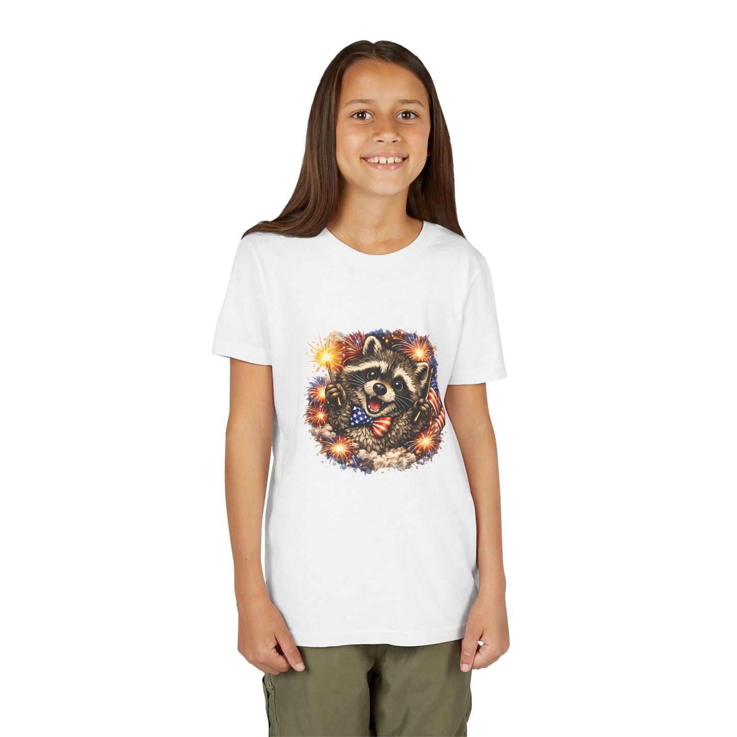 Patriotic Raccoon Youth Tee — Raccoon with American Flag & Fireworks
