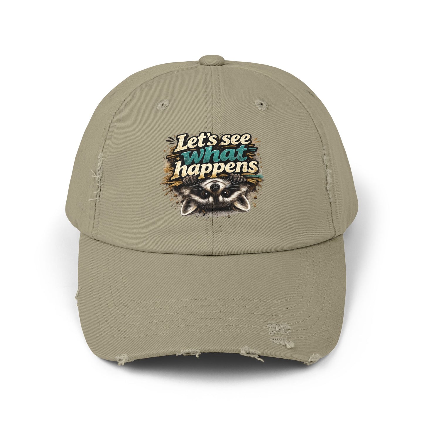 Let's See What Happens Distressed Cap — Raccoon Mom/Dad Funny Dad Hat